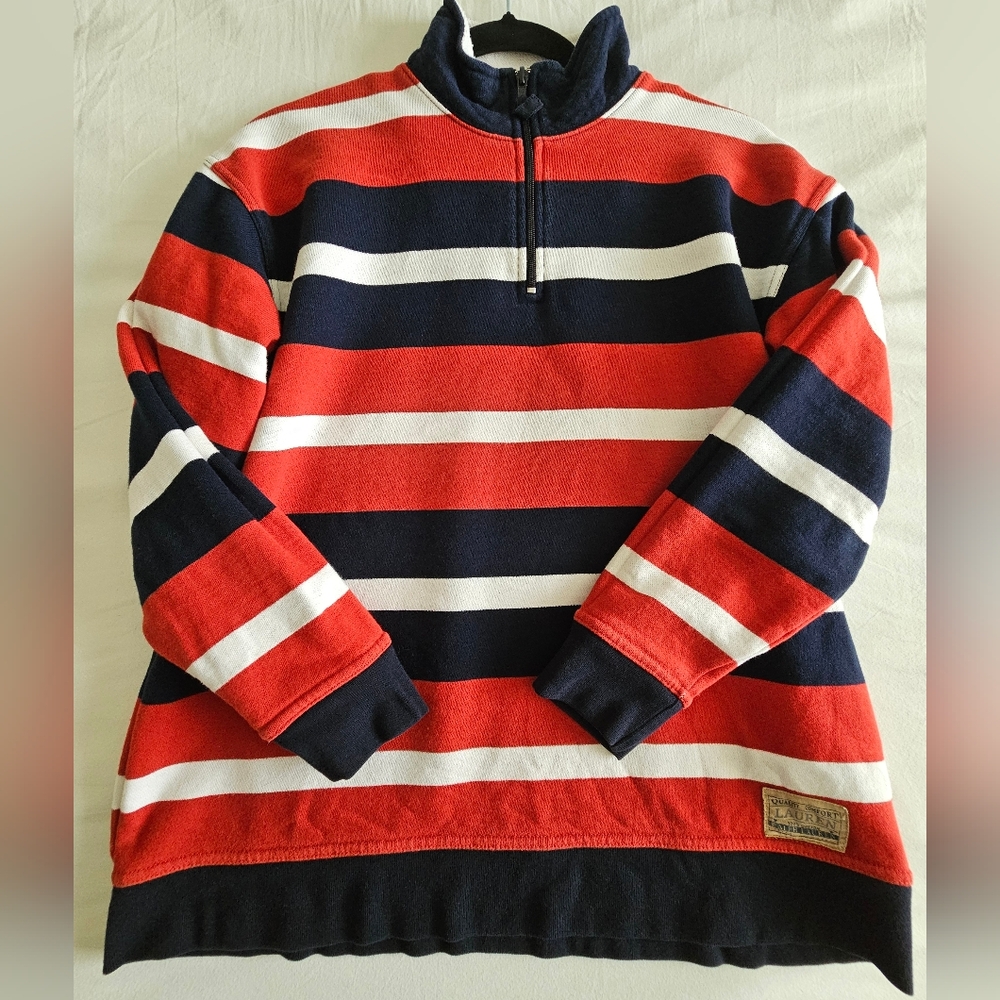 Lauren Ralph Lauren Women'sPetite Striped 1/4 Zip Sweater Red Navy Blue White PS